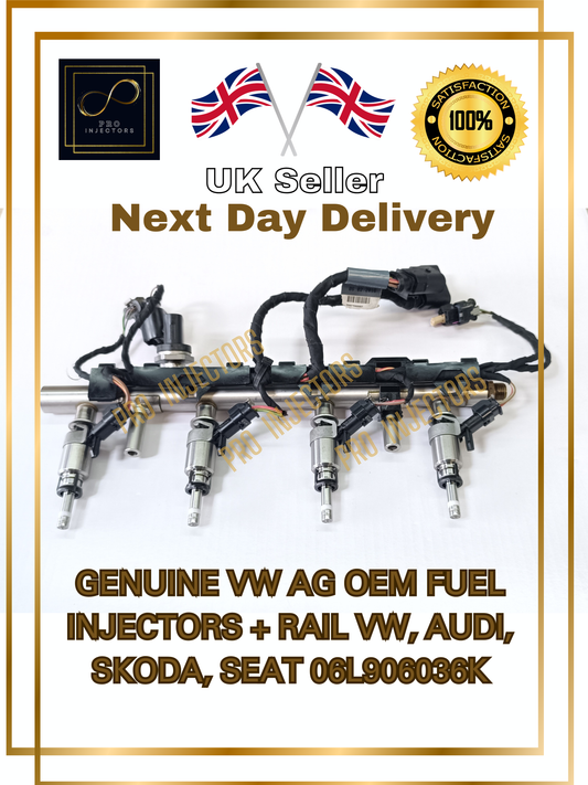 4x GENUINE VW AG OEM FUEL INJECTORS + RAIL VW, AUDI, SKODA, SEAT 06L906036K