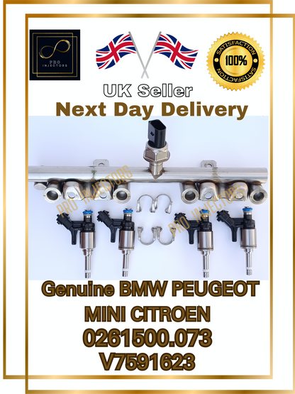 4 x GENUINE GmbH OEM FUEL INJECTORS+RAIL BMW, Citroën, MINI, Peugeot part: V7591623