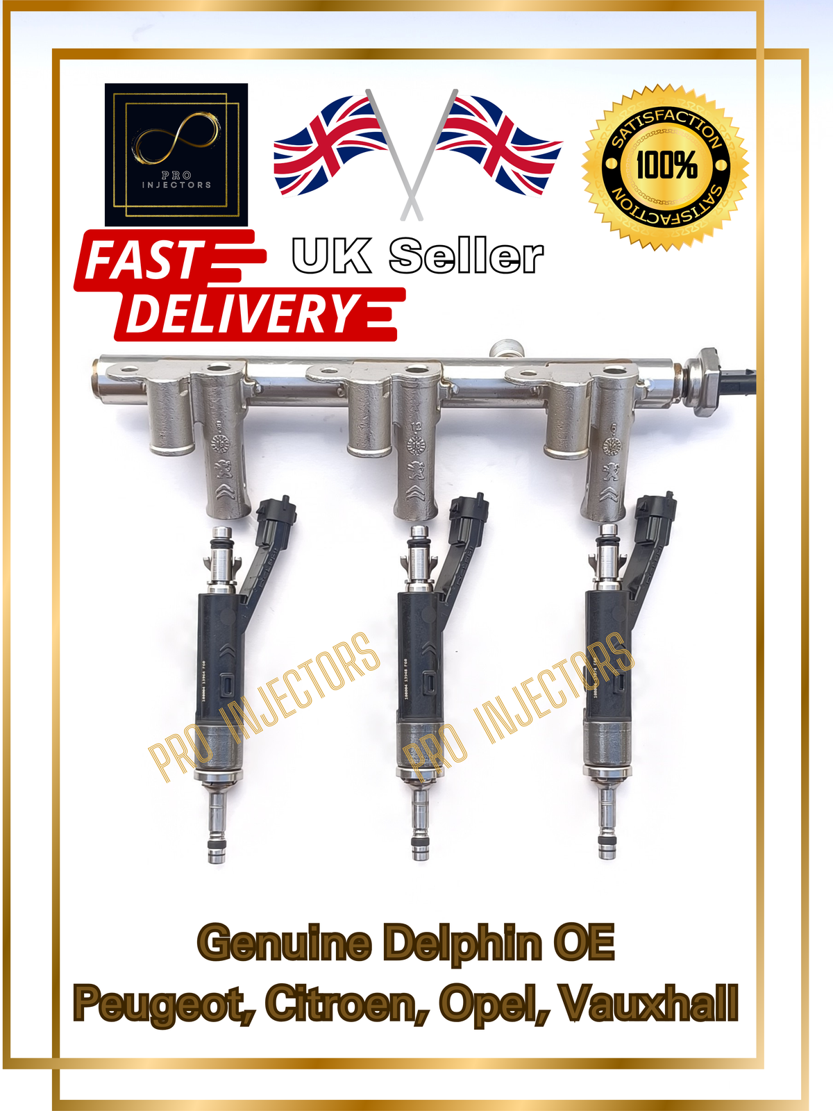 3x GENUINE Delphi OE injectors + Rail for DS, Peugeot, Citroen, Vauxhall 1.2L part number: 9822715980