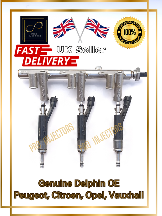 3x GENUINE Delphi OE injectors + Rail for DS, Peugeot, Citroen, Vauxhall 1.2L part number: 9822715980